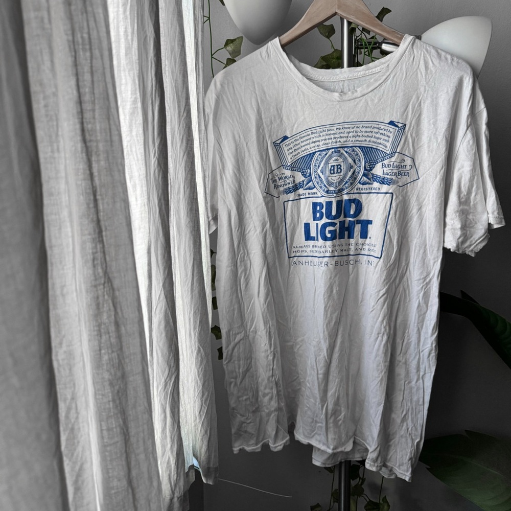 Hanes White Short Sleeve Tee with Blue Bud Light Graphic